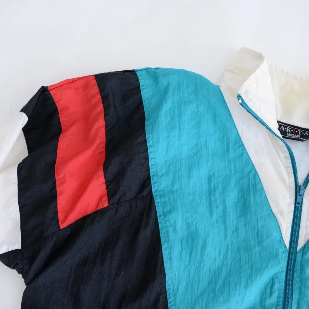 Vintage 80'S Akita Teal & Black Nylon Windbreaker Zip Up Running Jacket Size L - Picture 11 of 11